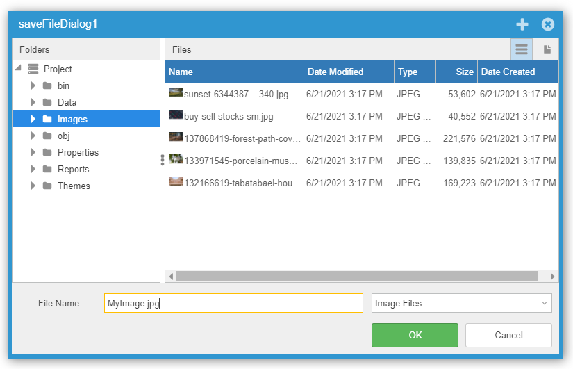 SaveFileDialog showing image file type filtering options